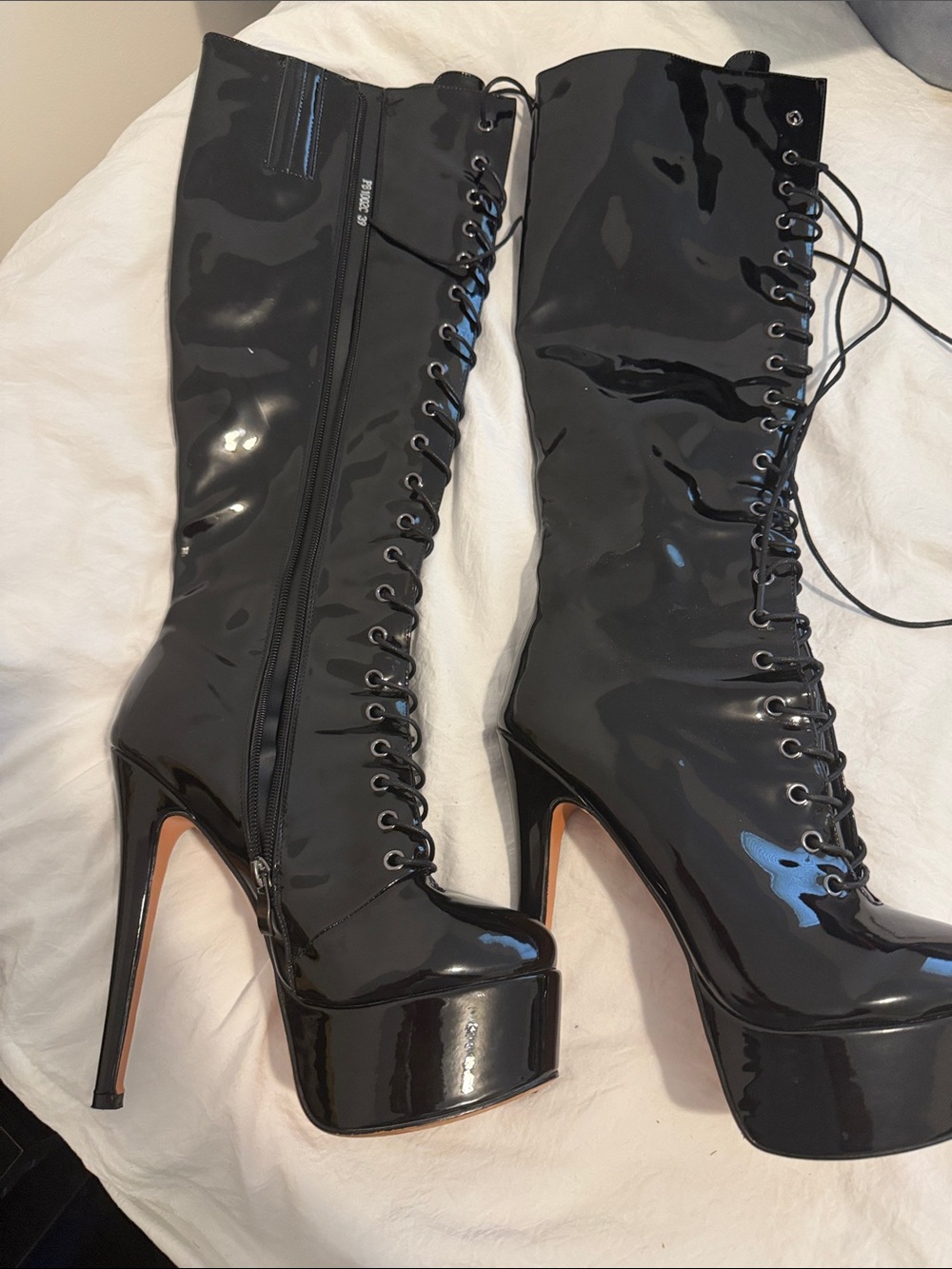 Black Patent Platform Lace-Up Knee-High Boots - Women